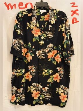 Caribbean Black Hawaiian Shirt with Orange & Green Floral Print